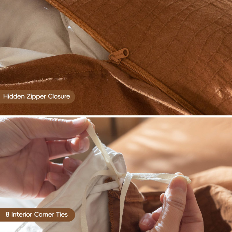 MooMee Wavy Striped Duvet Cover Set with Zipper Closure & 8 Corner Ties 100% Washed Cotton Linen Like Textured Breathable Lightweight