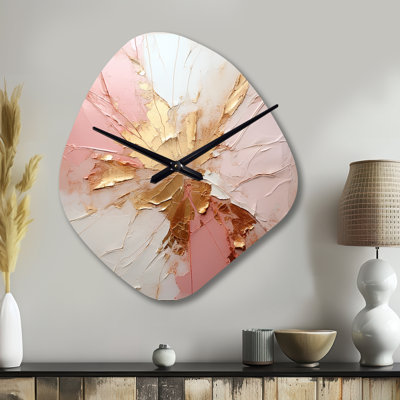 Or et rose, peinture fusion - peinture abstraite horloge murale asymétrique en métal, impression d'horloge murale beige