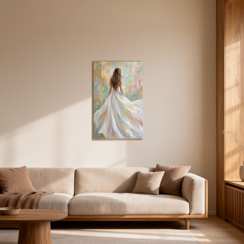 Femme de Saint-Valentin en robe blanche qui s'en va, H 48 po x l 32 po