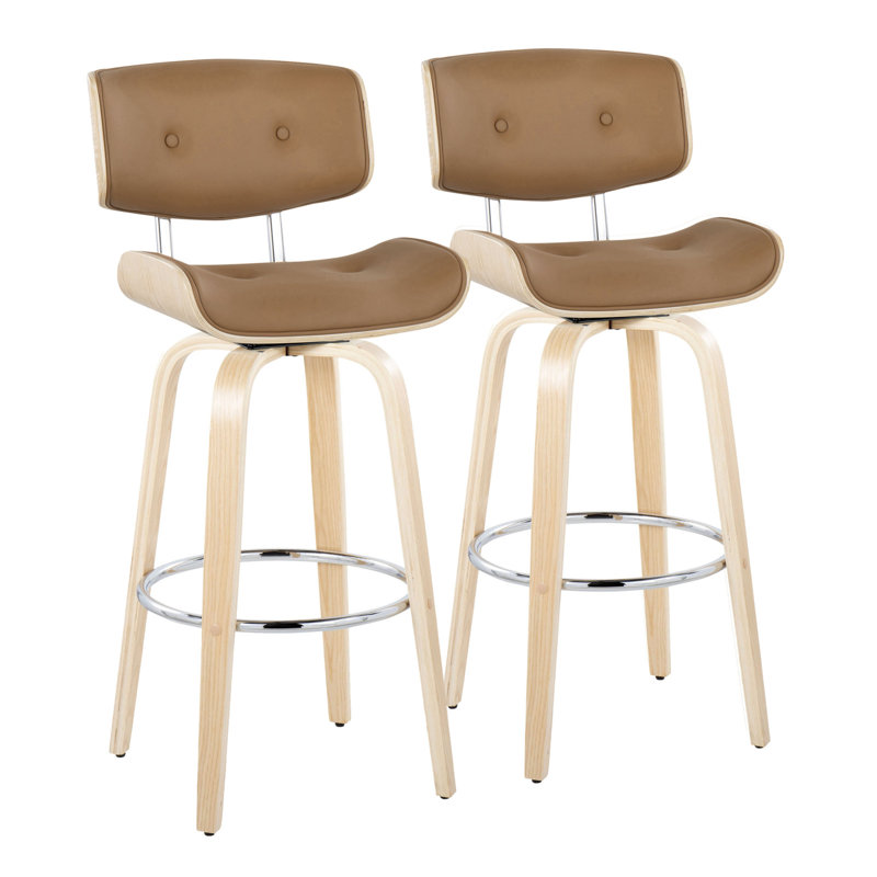 Lombardi 30" Mid-Century Modern Fixed-Height Barstool With Swivel In Natural Wood And Camel Faux Leather With Round Chrome Metal Footrest By Lumisource - Set Of 2