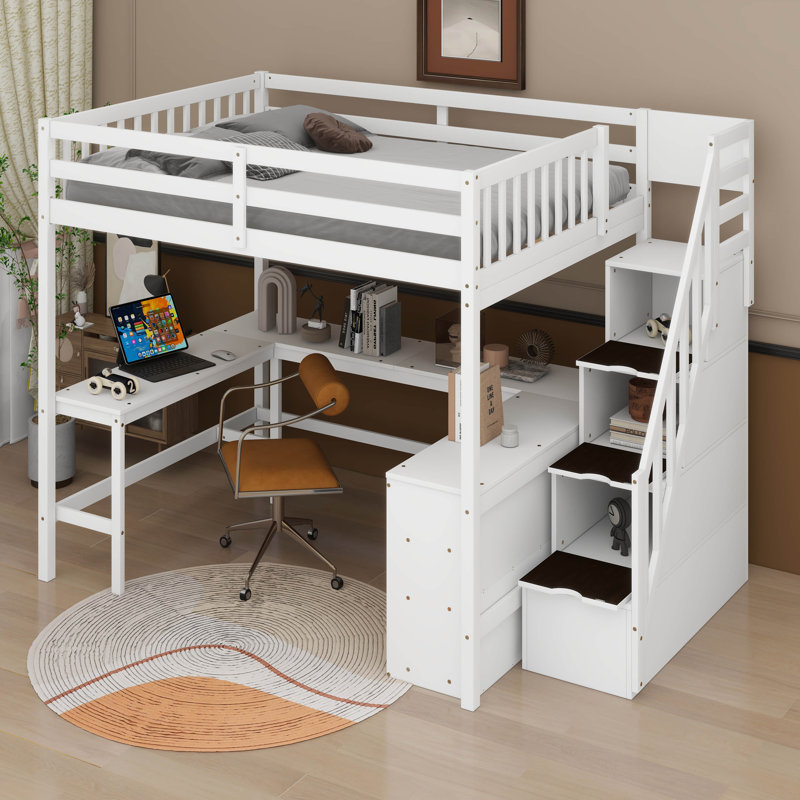 Lit mezzanine double avec bureau en L et escalier de rangement, Blanc
