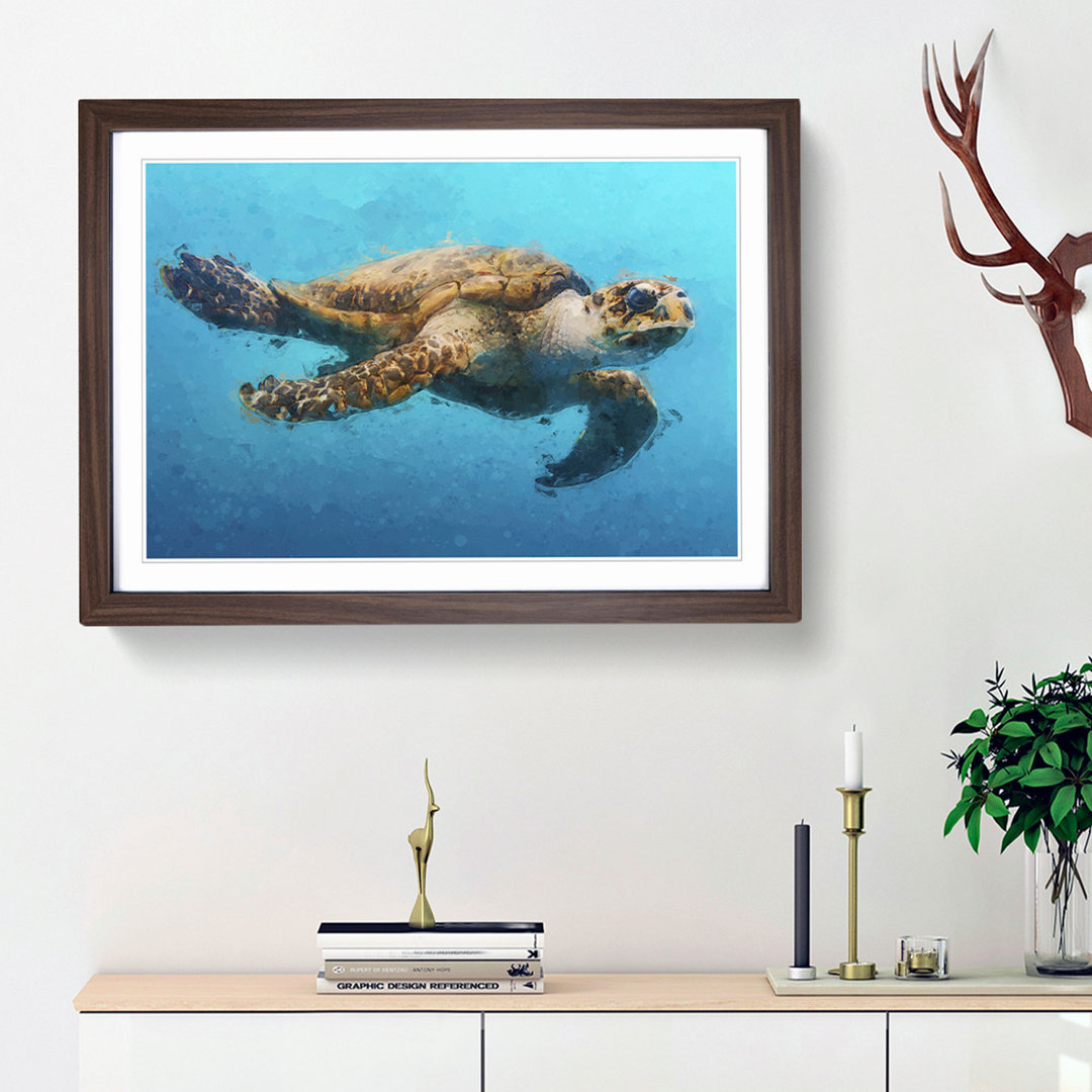 Swimming Sea Turtle in Abstract - Framed Print
