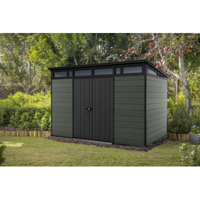 Keter Cortina 11x7 ft. Modern Durable Resin Outdoor Storage Shed With Floor and Double Doors for Garden Patio Furniture and Tools, Green