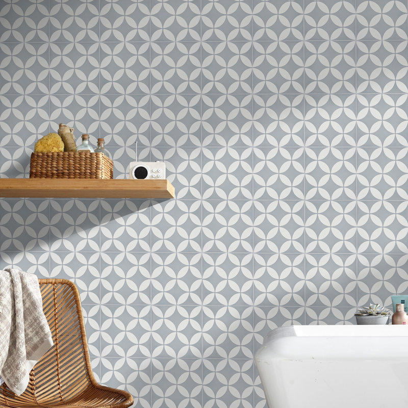 Amlo 8" x 8" Cement Patterned Wall & Floor Tile, White/Black