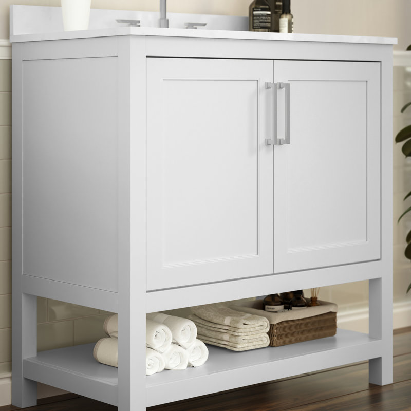 Castielle 36'' Bathroom Vanity with Undermount Sink and Open Storage Shelf, Nickel, White