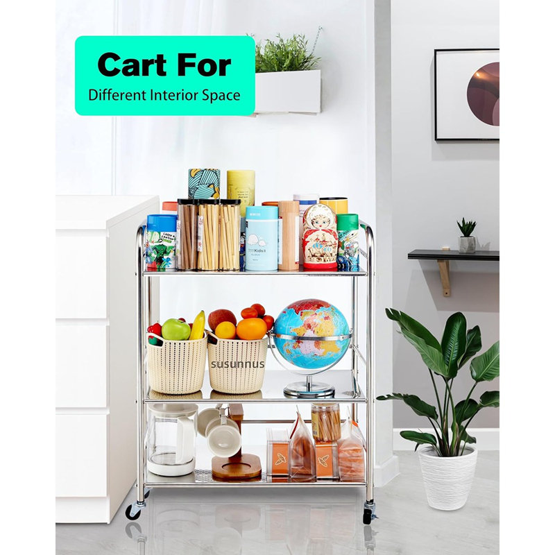 Chariot utilitaire roulant à 3 niveaux en acier inoxydable avec roues, chariot de rangement en métal pour la cuisine et à usages multiples, chariot de service mobile pour divers espaces (argent)