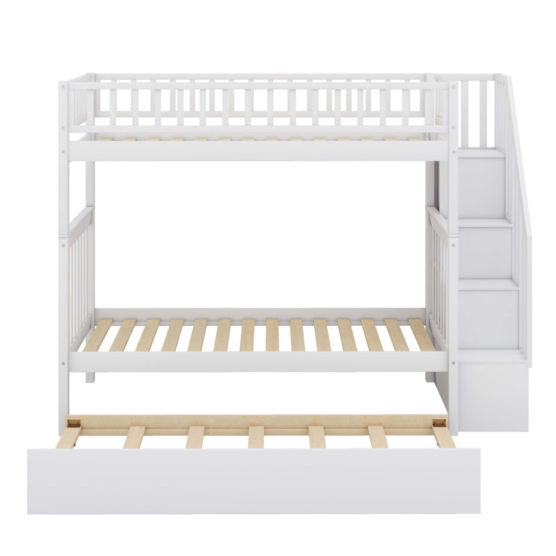 Lit superposé simple au-dessus de simple en bois massif durable avec structure d'escalier de rangement gigogne, Blanc