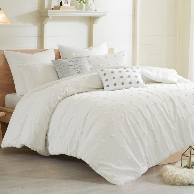 Off-White Cotton Jacquard Full/Queen Duvet Cover Set with Decorative Pillows