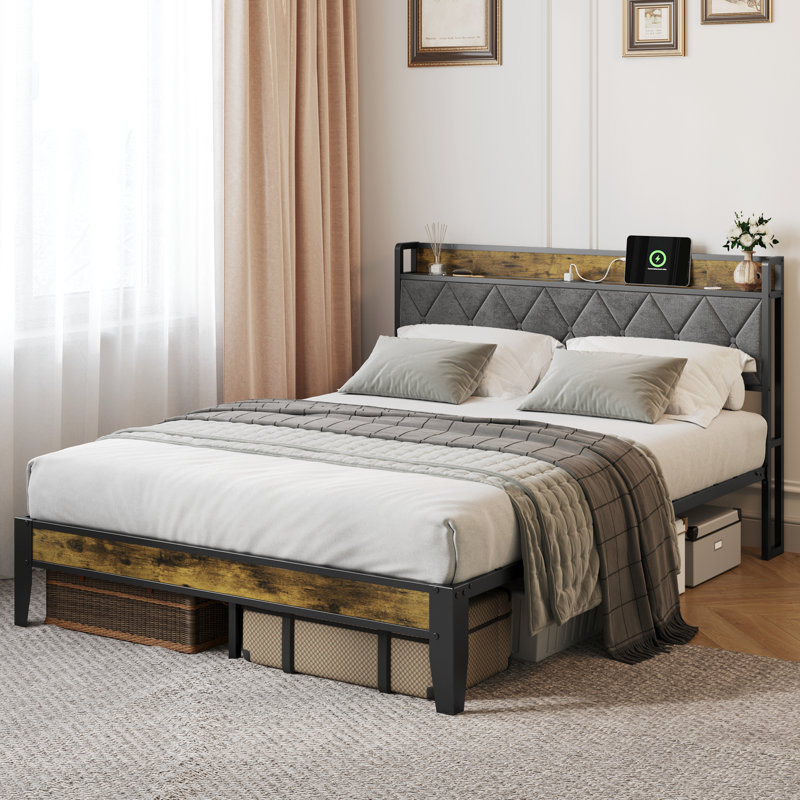 Modern Bed Frame with Charging Station and Upholstered Headboard, Queen
