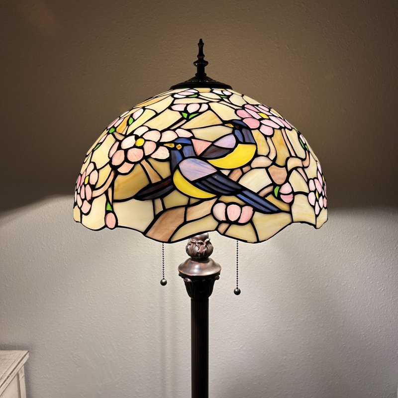 Shelli Tiffany Floor Lamp Stained Glass Magpie Birds Cherry Blossoms Metal Base LED Bulbs Included 64"H*16"W*16"D