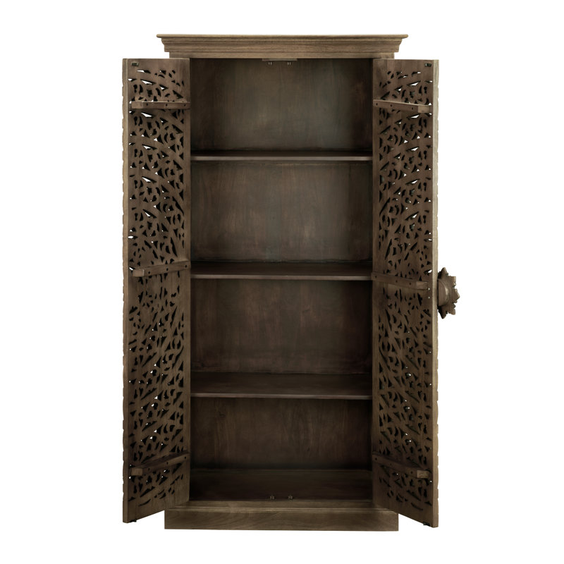 2-Door Brown Wood Grain Hand Carved Tall Accent Cabinet