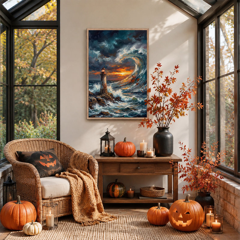 Phare au milieu des vagues déferlantes au coucher du soleil, toile murale d'Halloween, H 36 po x l 24 po