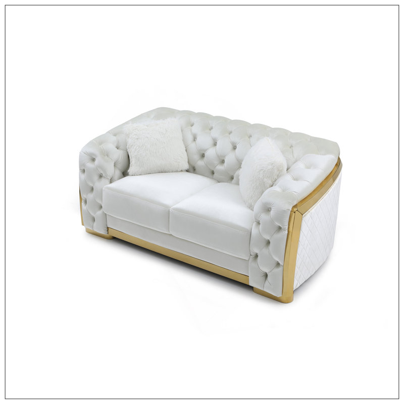 Ivory Loveseat With Button Tufting And Diamond Quilted Sides, Perfect For Cozy And Stylish Seating