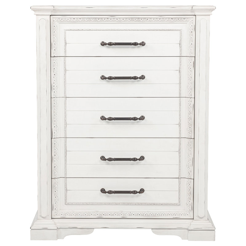 Commode de chambre à coucher à 5 tiroirs Mckinney, blanc rétro