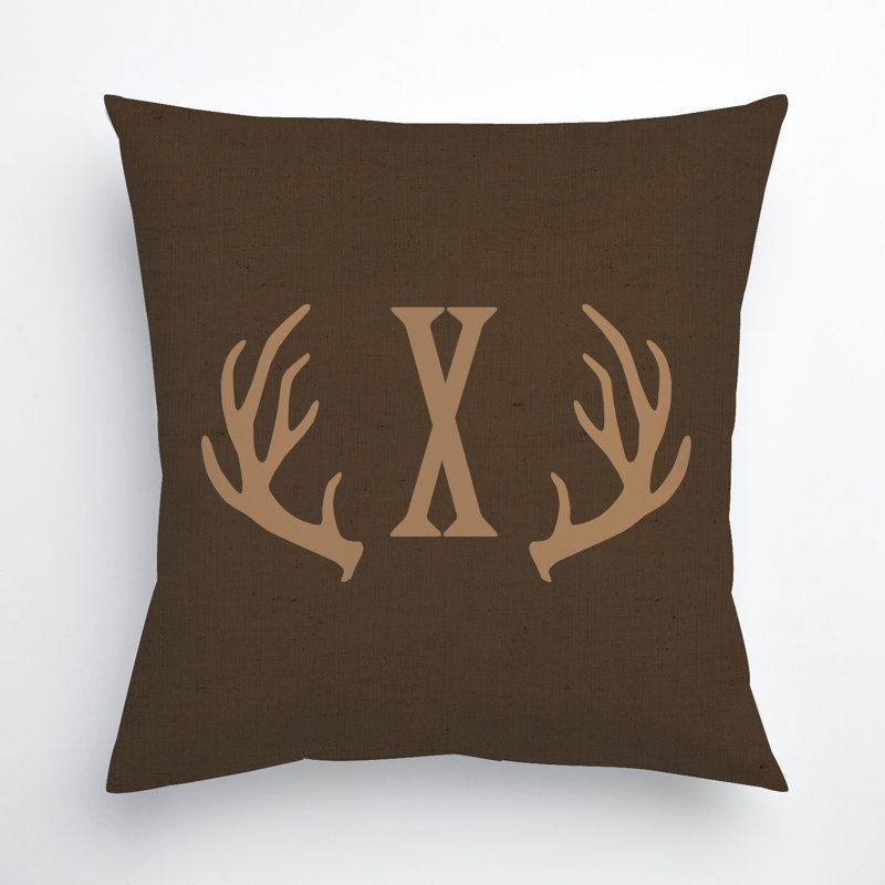 Antlers Throw Pillow With Custom Initial Printed | Dark Brown Square Removable Cover | Cabin Or Hunting Themed Decorative Accent | 14" X 14"