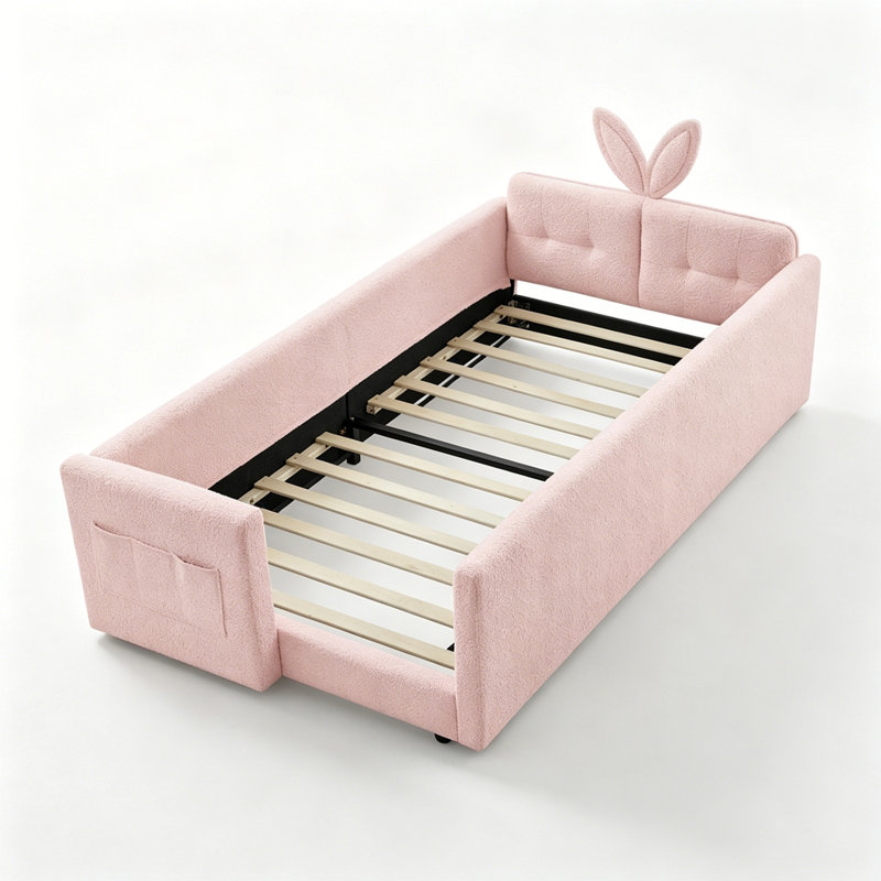 Twin Size Cute Rabbit Ear Boucle Platform Bed with Safety Rail & Side Pocket, Pink