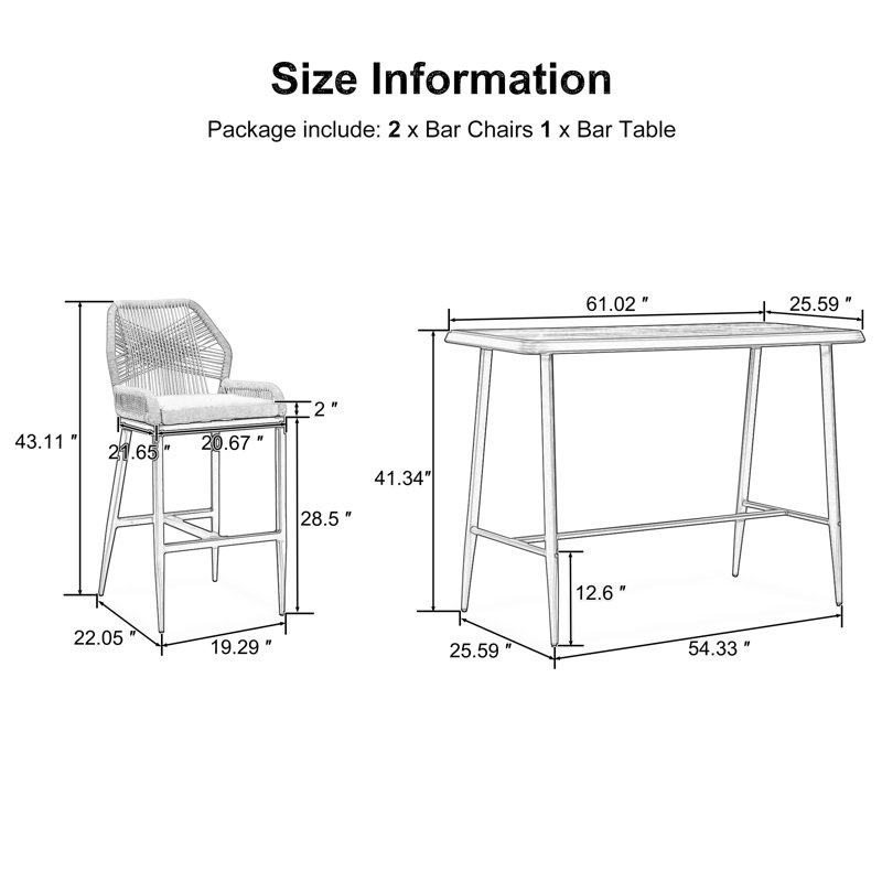 Mahi 2 - Person Metal Patio Dining Set with Rectangular Table , Cushions Included