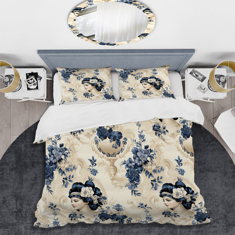 Literie camée bleu et beige victorienne, Housse de couette pour très grand lit et 2 très