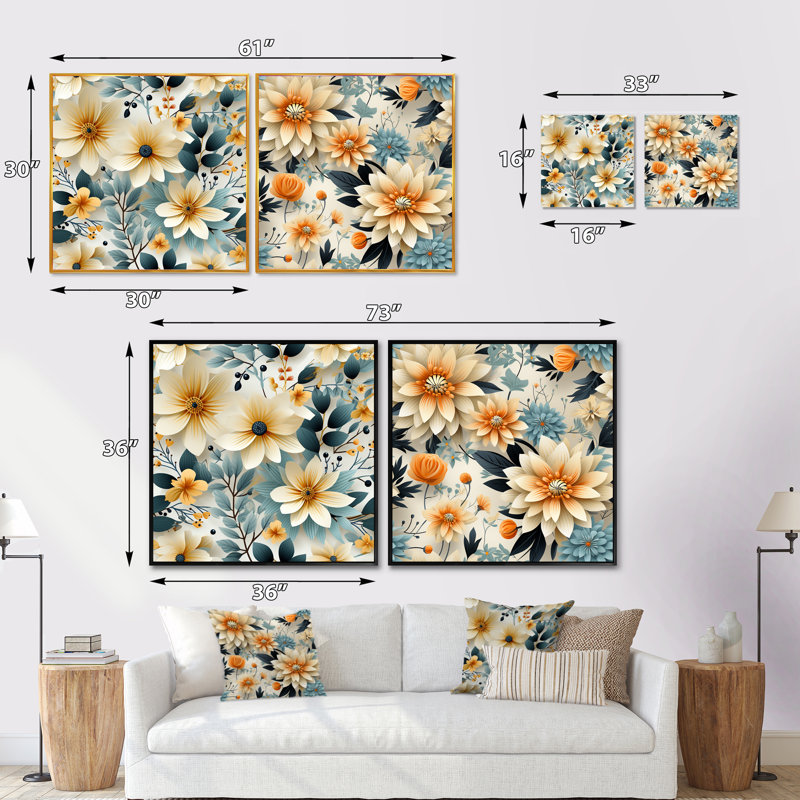 Evangélina - Ensemble de 2 collages floraux carrés, Cadre flottant noir, H 16 po x l 33 po