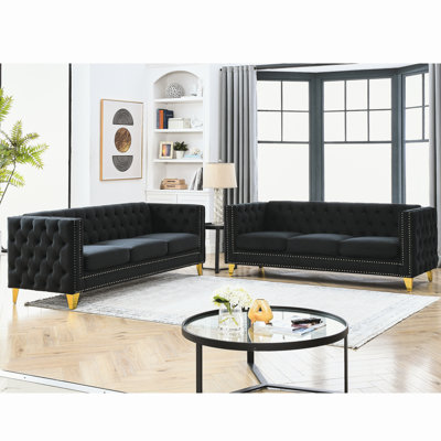 Modern Sofa Velvet Sofa For Living Room,Buttons Tufted Square Arm Couch, Couch Upholstered Button And Metal Legs, Sofa Couch