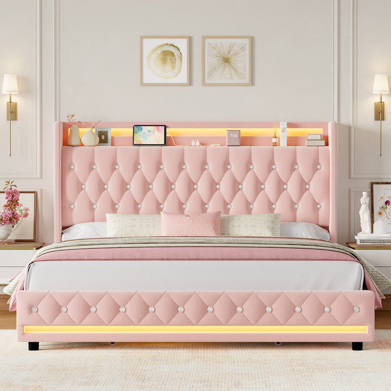 Glastonbury Velvet Upholstered Wingback Storage Bed with LED Lights, Queen, Pink