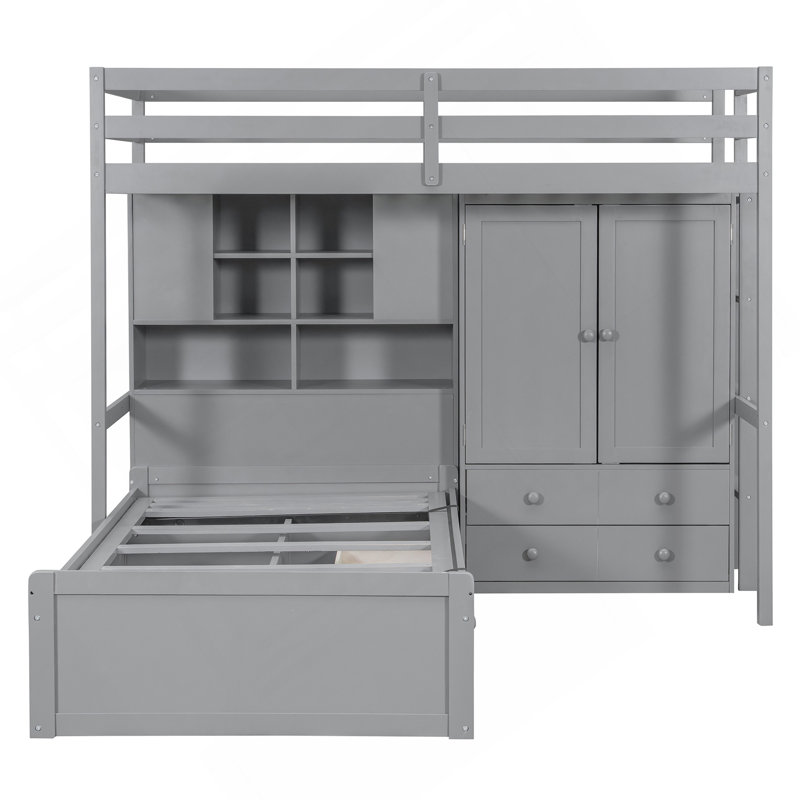  Lit superposé avec tiroirs, garde-robe, tablettes de rangement et lit hydraulique, Gris