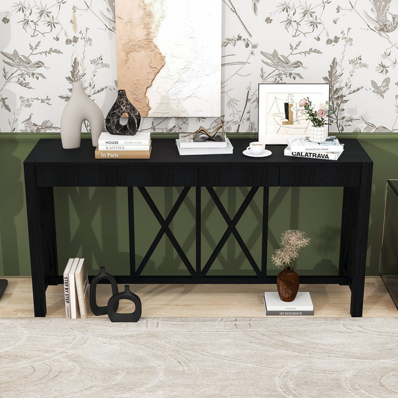 60-Inch Wood Console Table with Spacious Drawers, X-Leg Design, Black