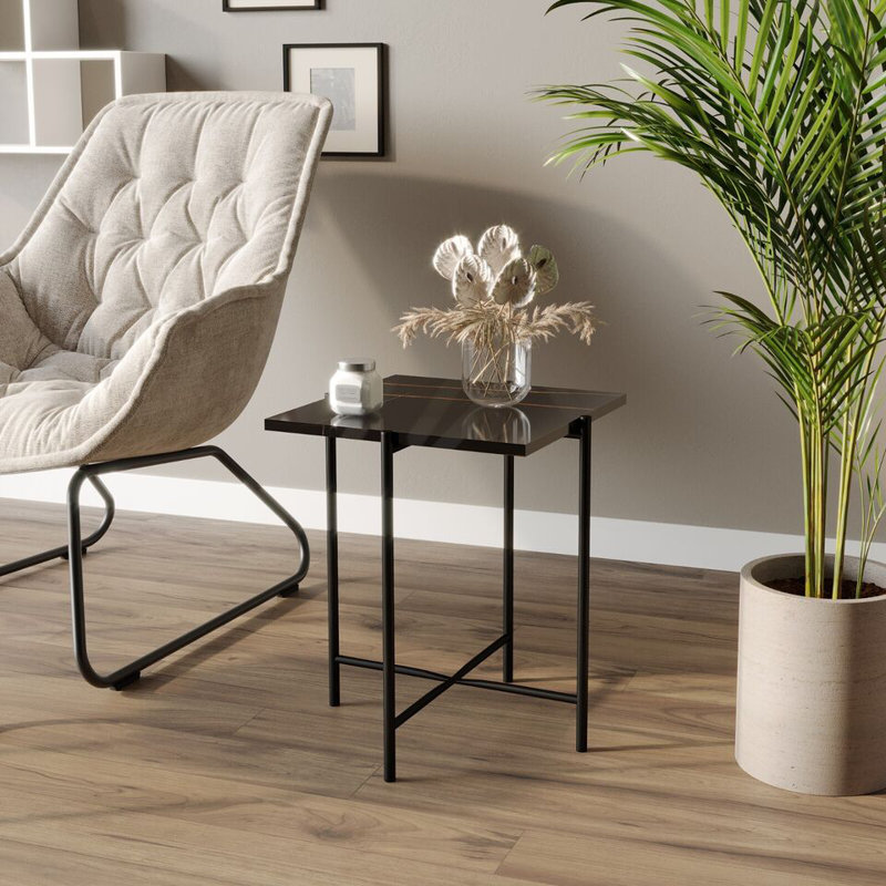 Set of 2 Pcs Marble Effect Tops Round Side End Coffee Table Metal Frame, Black