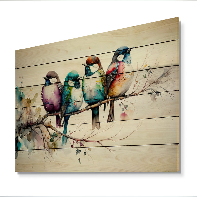 Multicolore oiseaux sur arbre à fleurs de prunier - Art mural en bois animaux - Bois de pin naturel