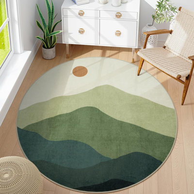 Soft Nursery Rug Non Slip Washable Circle Rug, Modern Mountain Playroom Mat Sunrise Sunset Round Carpet For Kids Room Entryway Bedroom Living Room Dorm