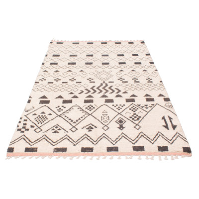 Tapis beige / noir en laine noué à la main de conception unique 6 pi 10 po x 10 pi 7 po New Age