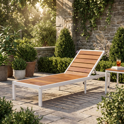 Chaise longue d'extérieur avec dossier réglable à 6 positions, structure en acier et bois d'acacia, conception ergonomique de 78,7 po pour le patio, la piscine, la cour arrière, la plage