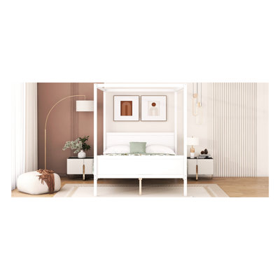 White Queen Canopy Platform Bed With Headboard, . Modern Design Slat Support. Storage Space Included. Build. 83.9"L X 62.7"W 74.8"H. 500Lbs Weight Capacity. Effortless Assembly Process Size Headboard