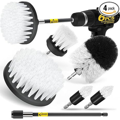 6Pack Drill Brush Power Scrubber Cleaning Brush Extended Long Attachment Set All Purpose Drill Scrub Brushes Kit For Grout, Floor, Tub, Shower, Tile, Bathroom And Kitchen Surface White