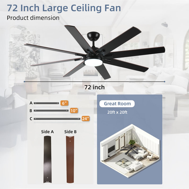72 Inch 8-Blade Ceiling Fan With Led Light & Remote, Indoor Outdoor Modern Quiet Dc Fan, 6 Speed Reversible Dual Finish Ceiling Fan Compatible With Alexa Google
