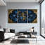 Plantes et fleurs roses bleues ornement sur fond noir, ensemble de 3 impressions sur toile-30071041