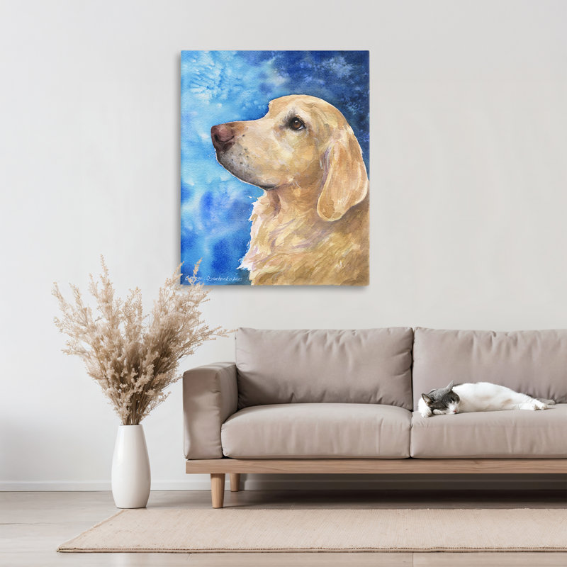 Golden Retriever Portrait sur toile azur, design par George Dyachenko, H 40 po x l 30 po