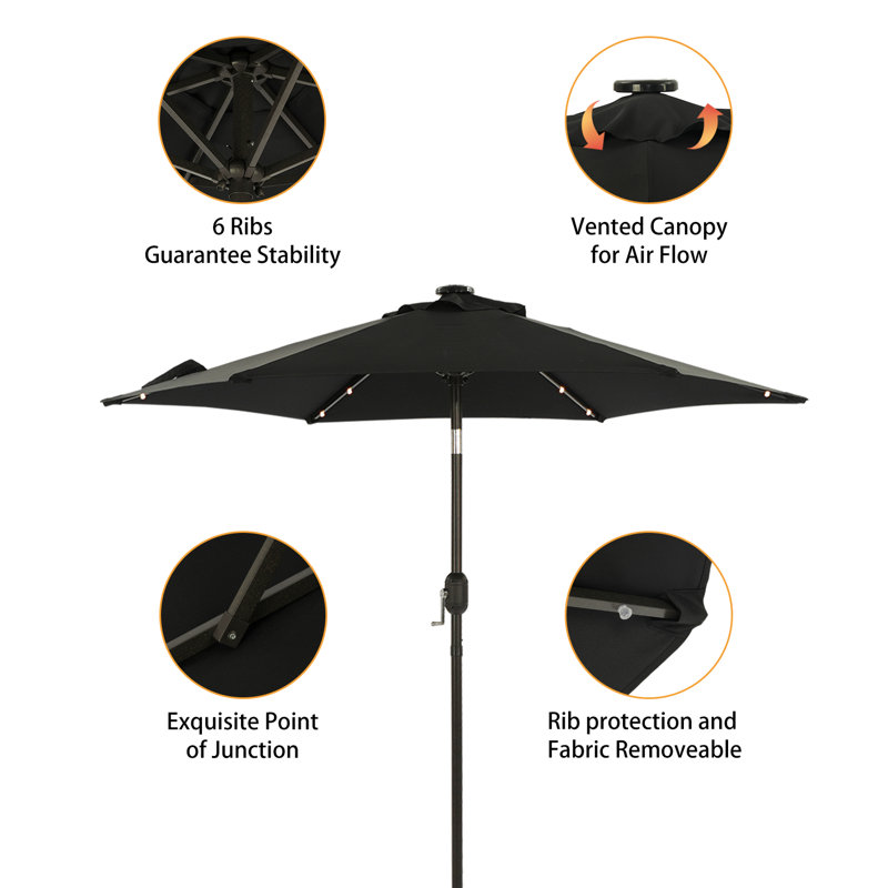 Parasol de marché lumineux 7,5 pi Atanase, H 84 po x l 86,6 po x P 86,6 po, Noir