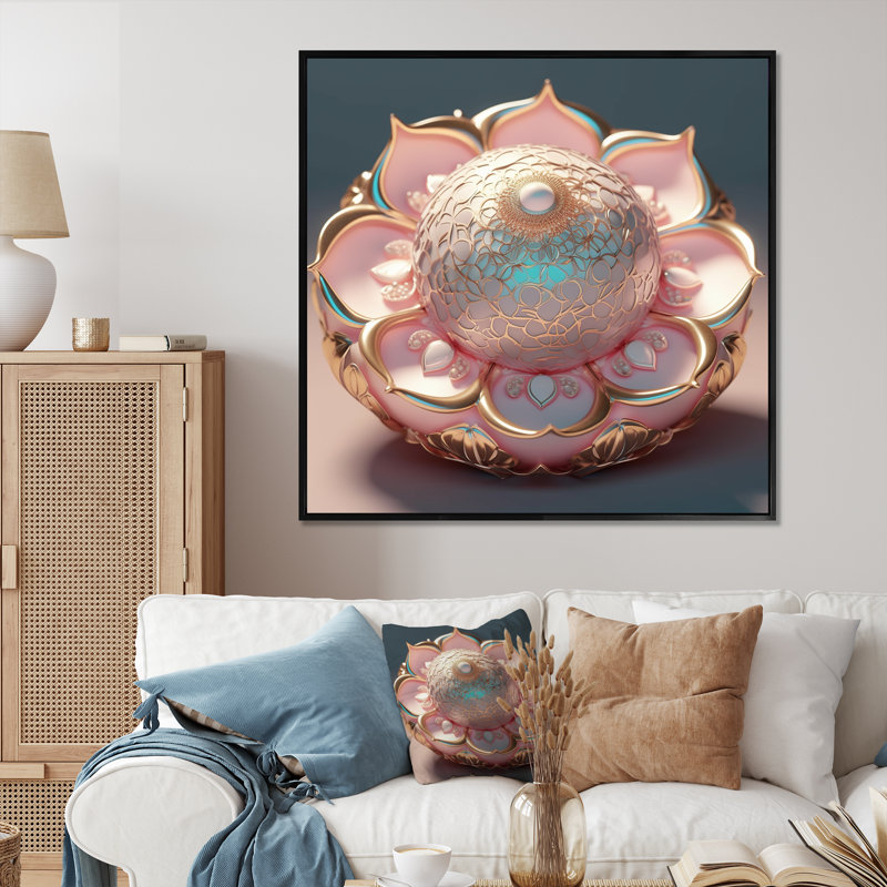 Exquis, mandala de lotus or rose I sur toile, H 16 po x l 16 po x P 1 po, Cadre flottant noir
