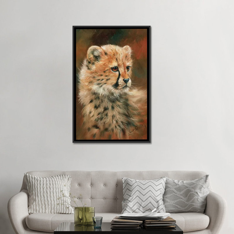 « guépard cub », impression sur toile, H 26 po x l 18 po x P 1,5 po, Toile avec cadre noir, Pas de tapis