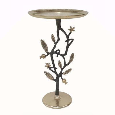 13.8X13.8X24" Black And Gold Aluminum Side Table With Delicate Pomegranate Design