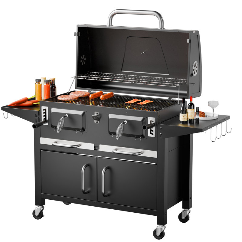 Barbecue au charbon 38 pouces avec surface de cuisson de 794 pieds carrés, barbecue extérieur avec 2 plateaux de charbon individuels et réglables, 2 tables d'appoint pliables, roues verrouillables, noir