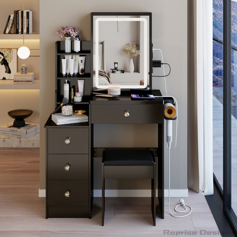 Table de coiffeuse de chevet 29,2 po avec tabouret et centrale électrique, Blanc