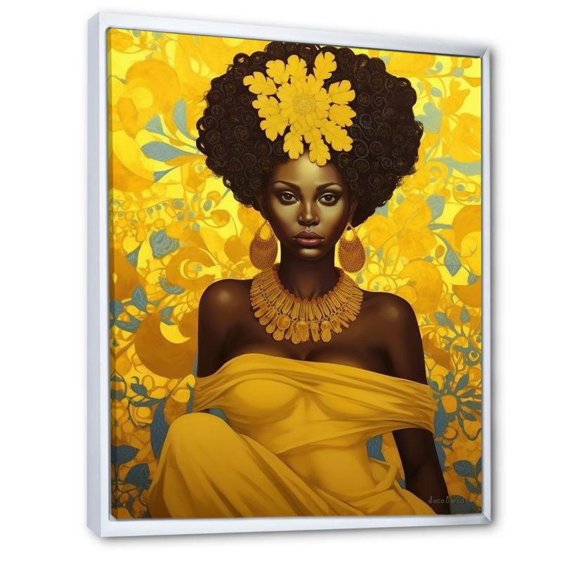 Orisha Oshun, déesse africaine en jaune I, H 32 po x l 16 po x P 1 po, Cadre flottant blanc