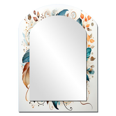 Boho Flowers Bouquet In Blue And Amber Orange I - Botanicals Asymmetrical Large Mirror, Modern Arch Decorative Wall Mirror, Printed Metal Art