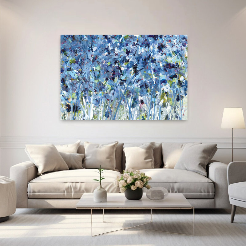 Fleurs sauvages en bleu abstrait art floral contemporain, H 40 po x l 60 po