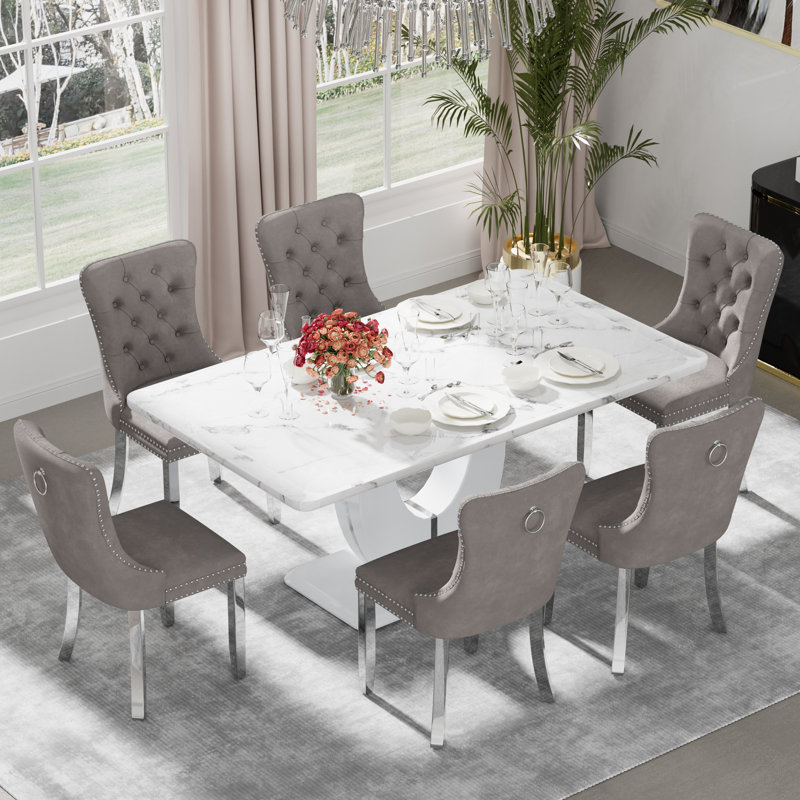 Ensemble de table de salle à manger rectangulaire, Blanc / argenté, 7, Gris