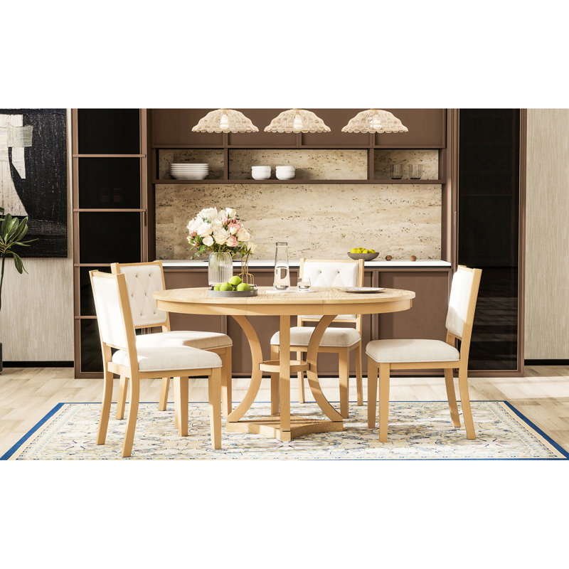 Table de salle à manger 5 pièces avec table ronde extensible et 4 chaises rembourrées Retro