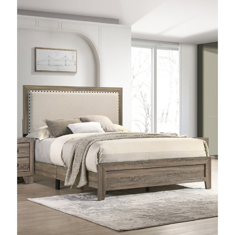 Lit moderne très grand avec tête de lit tapissier grise et poutre en bois, Très grand lit, Gris