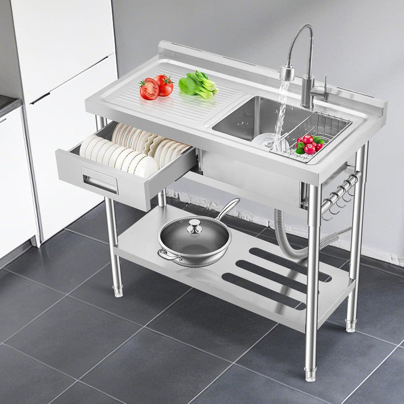 Stainless Steel Utility Sink, Freestanding Single Bowl Sink with Right Drawer and Workbench, Commercial Laundry Sink with Retractable Cold&Hot Water F